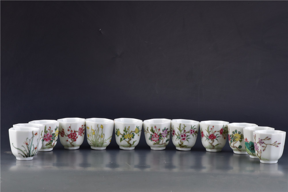 慎德堂制瓷器古董古玩收藏品粉彩手绘十二花卉纹八方杯