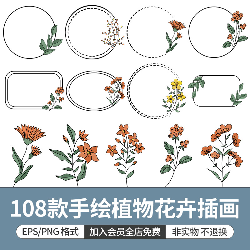 手绘复古叶子花卉植物徽标线条边框装饰插画EPS矢量ai素材图案PNG