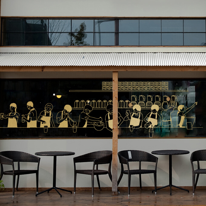 奶茶咖啡制作过程图人像 店铺背景墙吧台装饰墙贴橱窗玻璃贴纸画