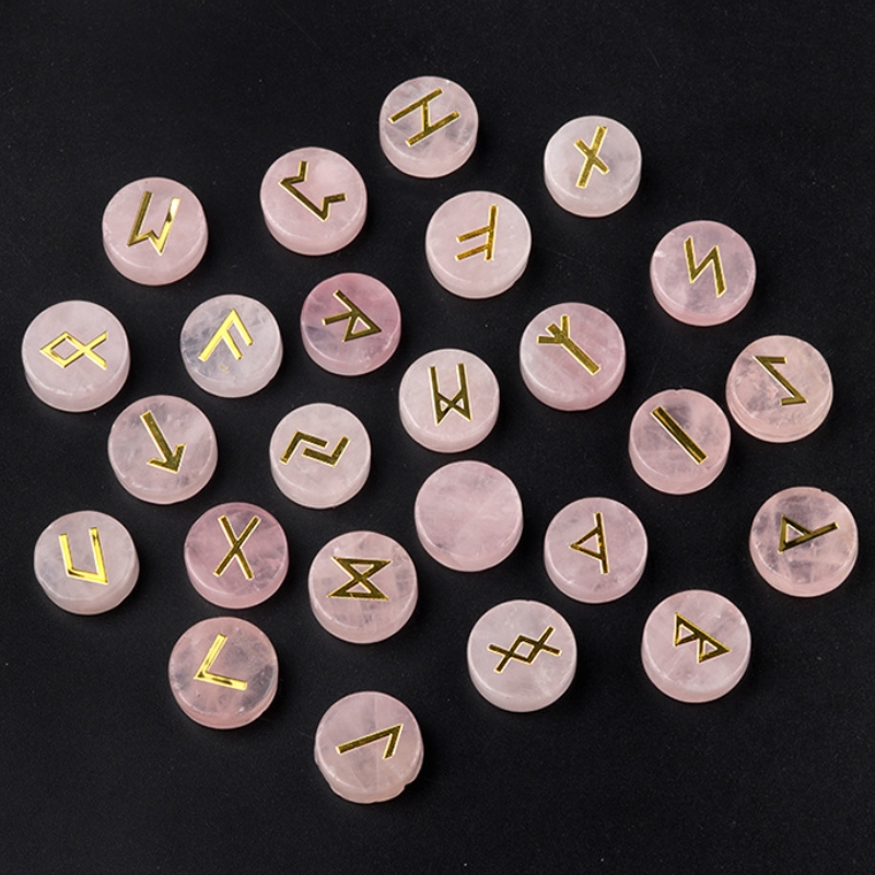 Runes25颗如尼石天然白水晶粉晶玛瑙北欧卢恩符文字母圆形片套装