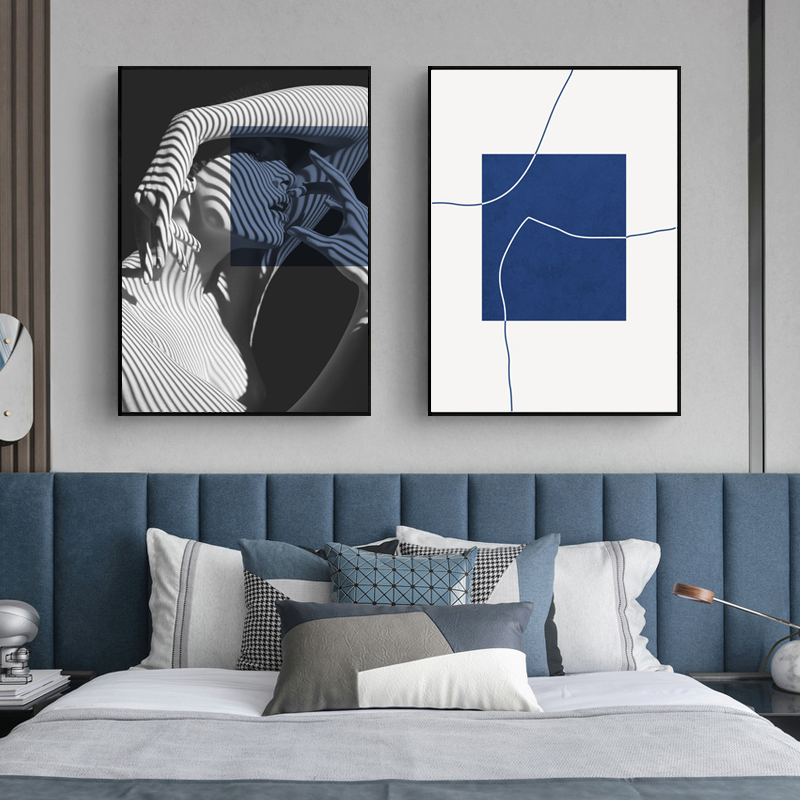 蓝色创意抽象客厅装饰画简约现代人物几何线条色块水晶玄关轻奢画