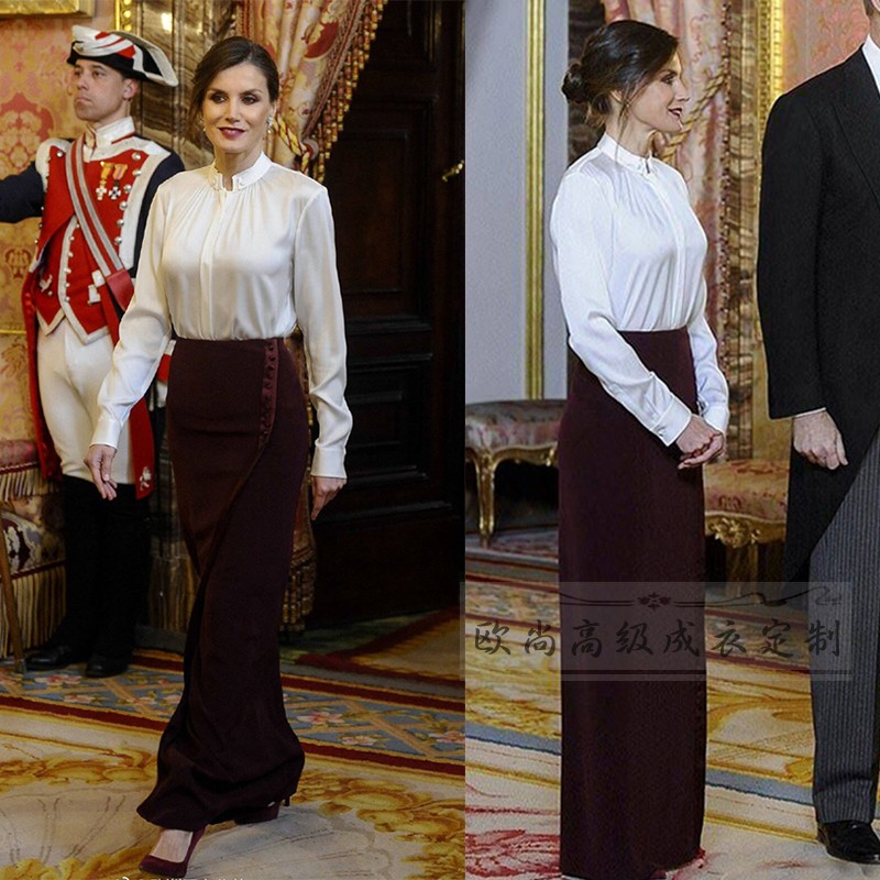 高端定制莱蒂齐亚同款西班牙王妃白色真丝衬衫+丝绒半身裙套装春