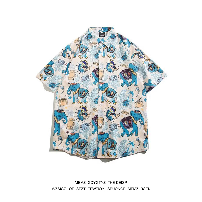 百搭夏季泰国大象花衬衫vintage复古创意卡通度假短袖男女潮衬衣