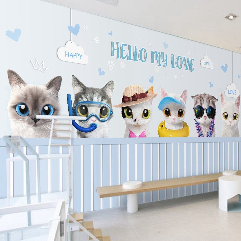 卡通猫咪宠物店小吃奶茶店背景墙壁纸装饰儿童房墙纸自粘萌宠壁布