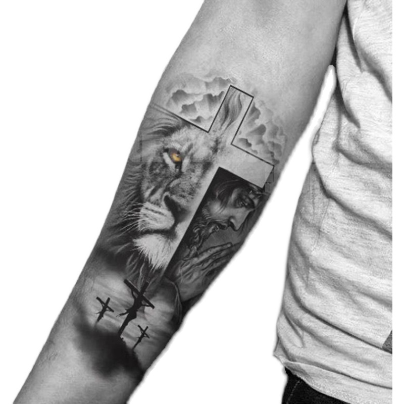 喵小姐纹身贴狮子十字架祈祷之手欧美风机车潮写实素描ins风花臂