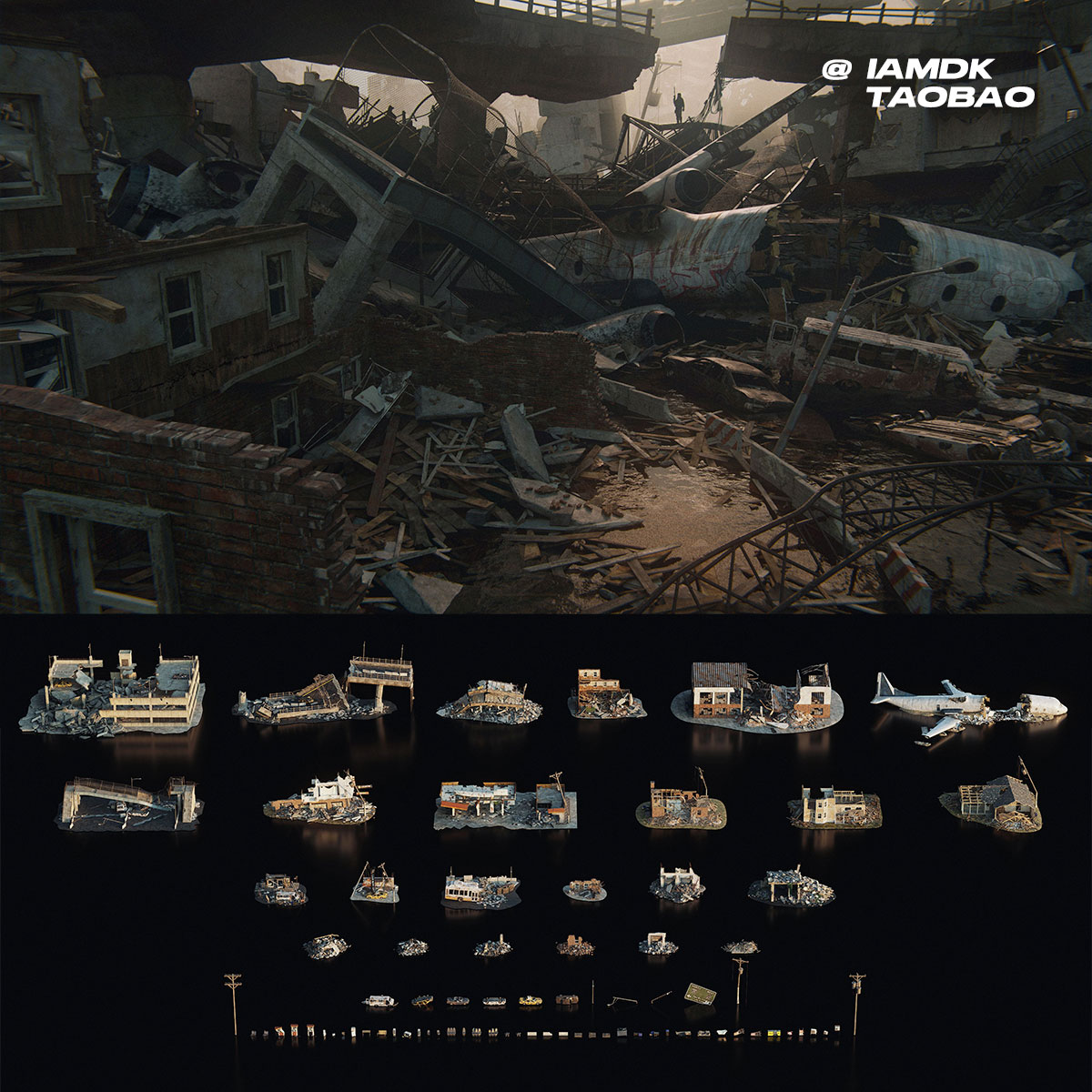 飞机残骸城市楼房建筑倒塌灾难场景3D模型 Blender/UE格式