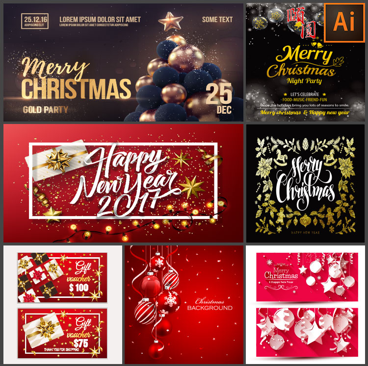金色圣诞节圣诞派对礼盒装饰英文字体主题卡片海报AI矢量设计素材