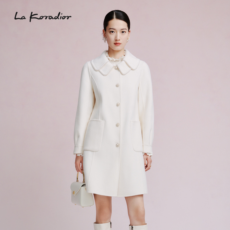 La Koradior拉珂蒂2023秋季新款柔软羊毛钉珠山羊绒毛呢外套大衣