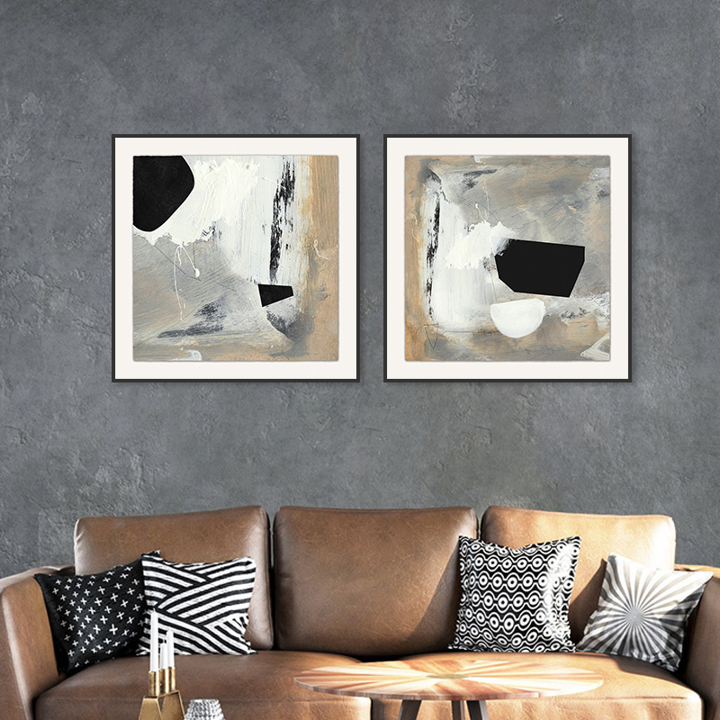 现代棕色黑白灰线条色块抽象装饰画正方形双联客厅沙发背景墙挂画