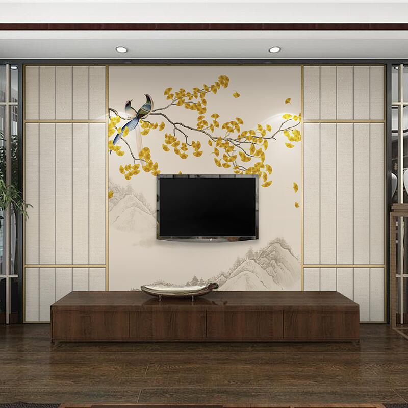 新中式花鸟壁纸山水水墨画风景墙纸餐厅酒店卧室客厅电视背景壁画
