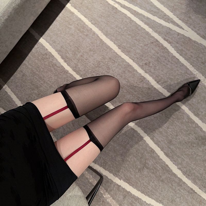 性感辣妹黑丝吊带过膝袜女超薄款撞色红边黑色长筒纯欲白丝高筒袜