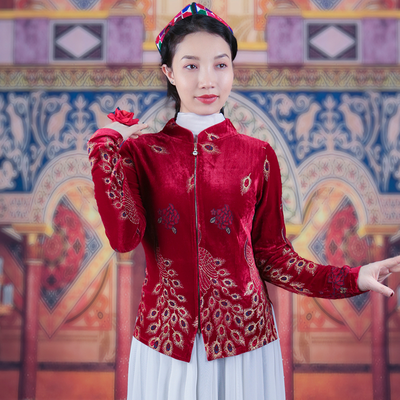 新疆舞蹈演出服女士秋冬季金丝绒上衣维吾尔族舞台保暖孔雀花外套