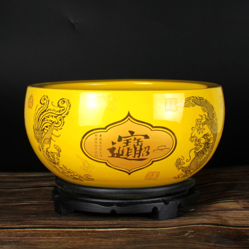 景德镇黄色陶瓷聚宝盆招财聚财鱼缸客厅创意花瓶摆件瓷器水培花盆