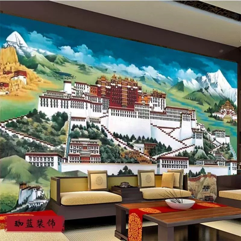 藏式布达拉宫壁纸客厅电视背景墙纸西藏办公室会议墙布壁画布