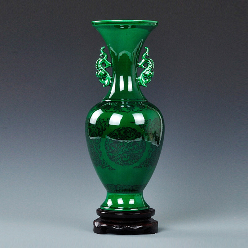 陶瓷翡翠绿色釉家居花瓶摆件仿古青花瓷瓶双耳瓶中式工艺品