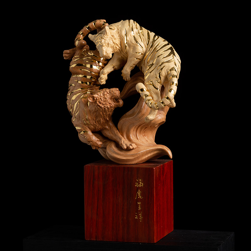 创意中式客厅木雕老虎摆件雕刻手工艺品实木手把件生肖虎福虎呈祥