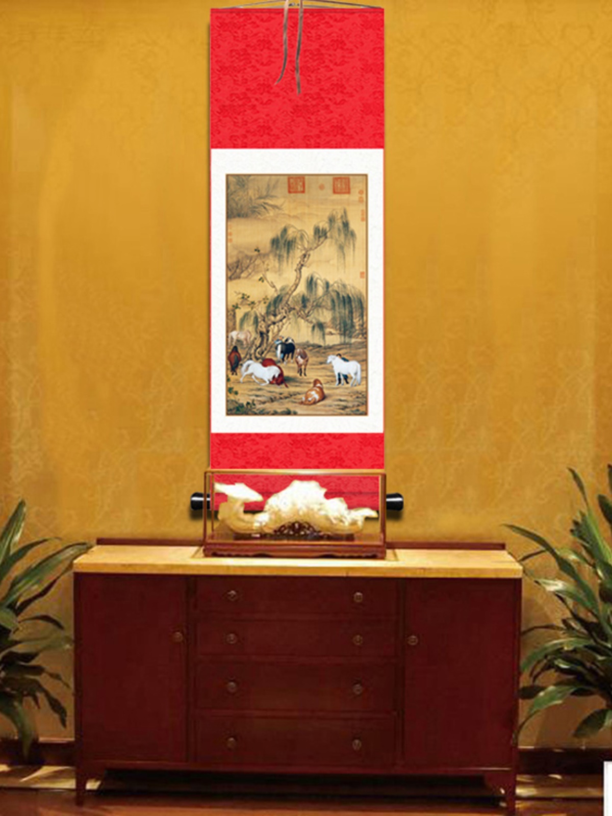 朗世宁画八骏图客厅挂画八匹骏马图百骏图马的装饰画红色玄关卷轴