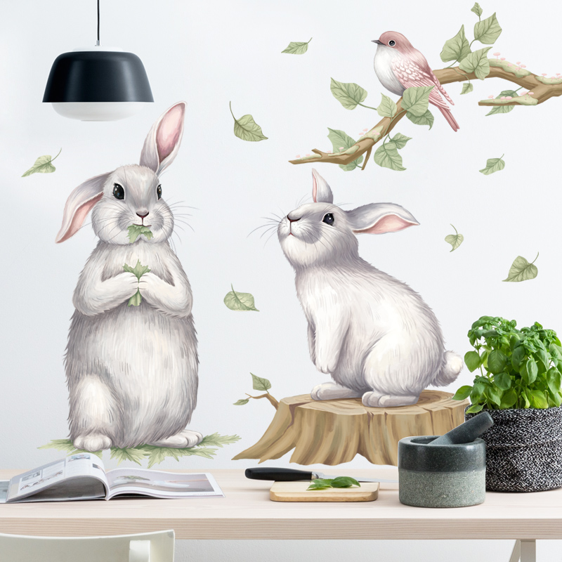 卡通墙贴兔子绿叶小清新植物墙角踢脚线装饰贴纸自粘防水卧室床头
