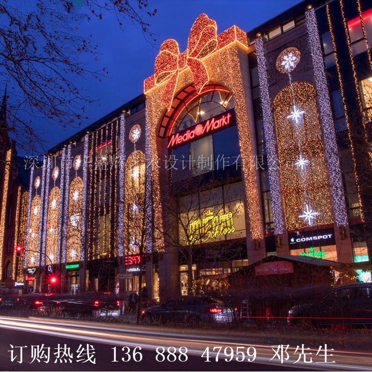 圣诞美陈户外大型墙体外立面红色发光铁艺蝴蝶结商场酒店圣诞布置
