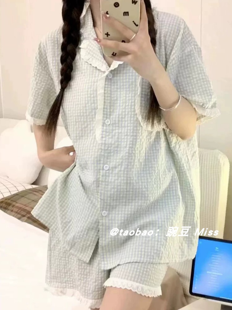 韩国ins简约格子短袖短裤睡衣女夏季新款甜美少女网红家居服套装