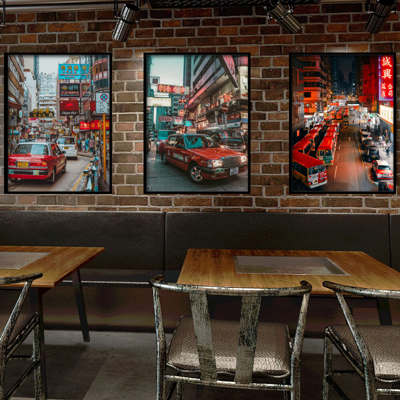 复古怀旧香港街景装饰画老照片工业风港式茶餐厅墙壁画火锅店挂画