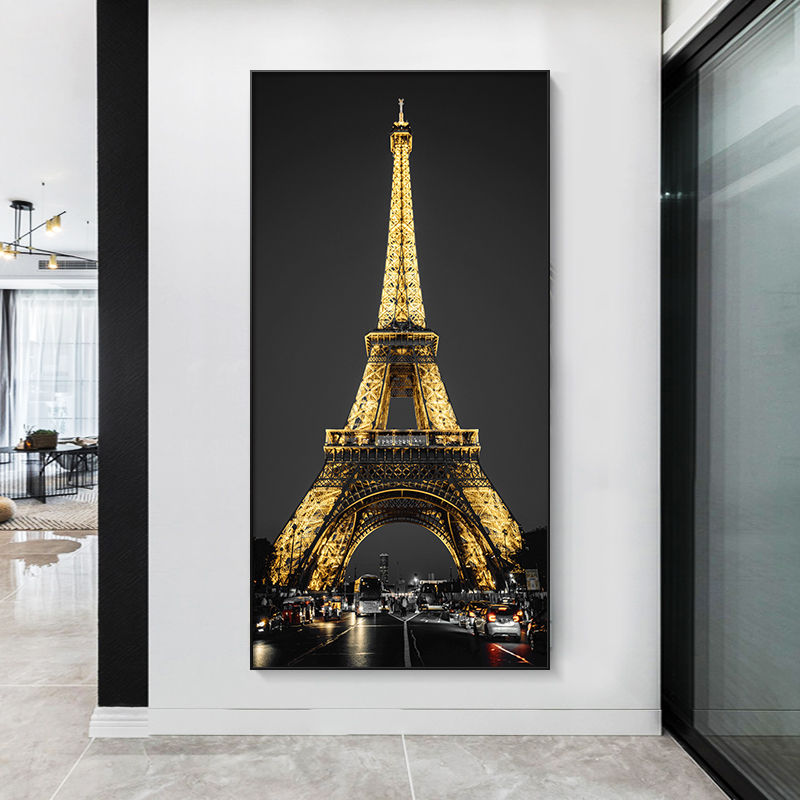 入门玄关装饰画埃菲尔铁塔法国巴黎城市风景大尺寸落地带框壁挂画