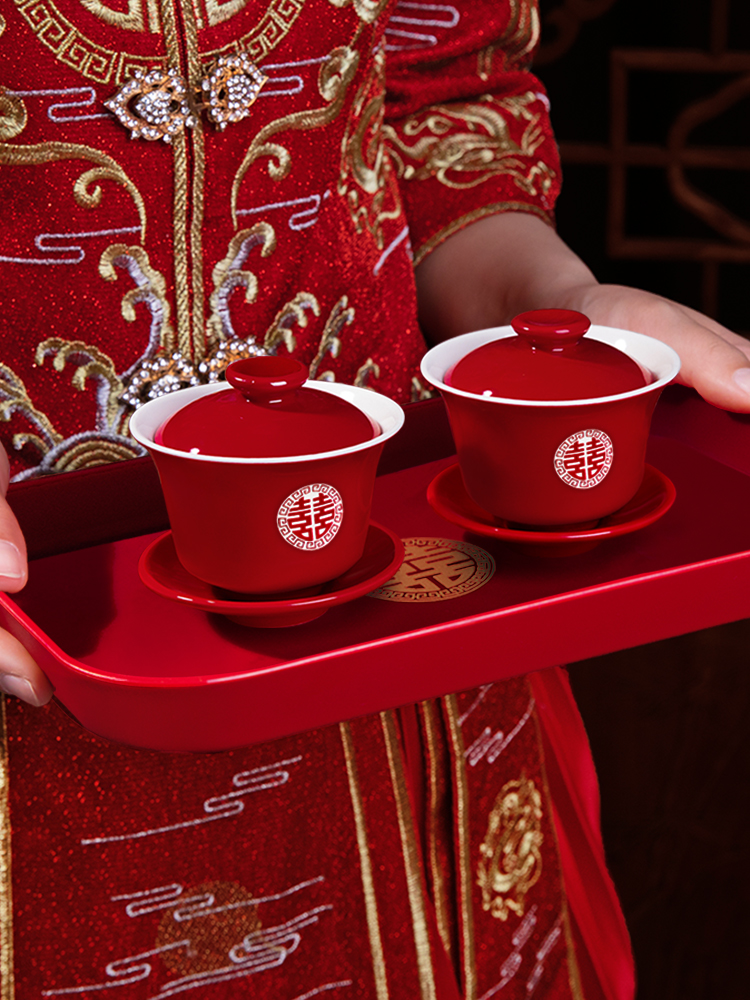 敬茶杯结婚喜碗套装敬酒茶杯改口对碗红碗一对碗筷红色婚礼龙凤