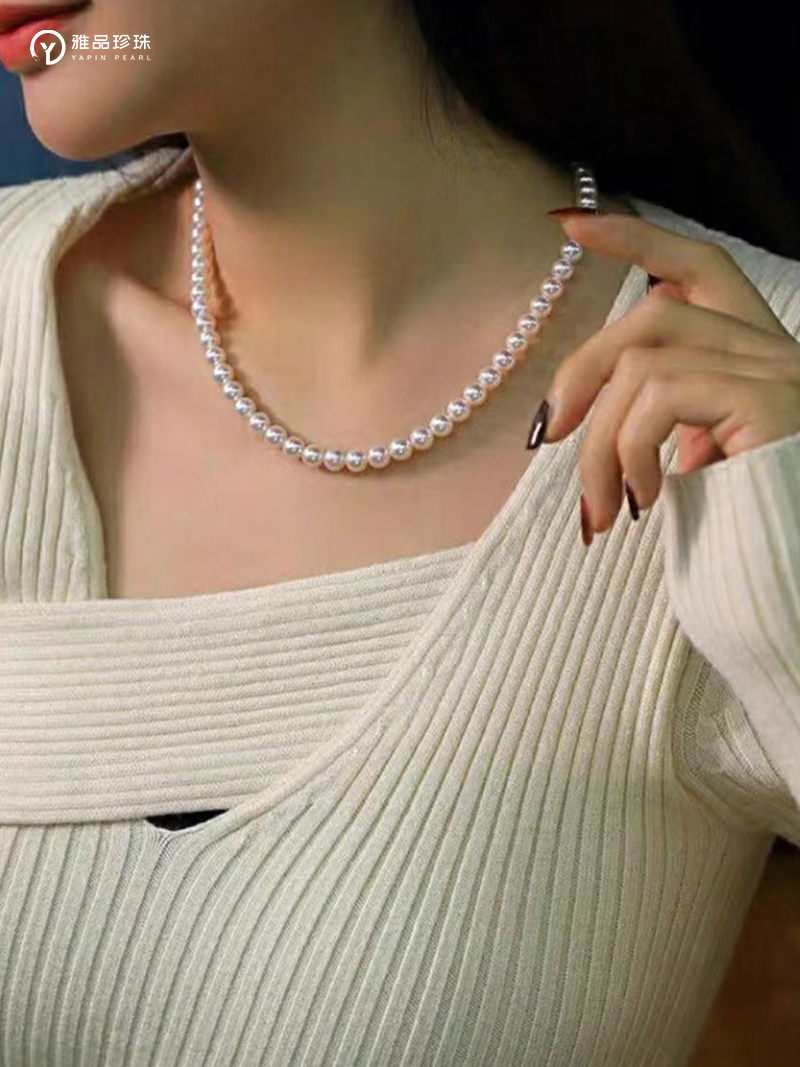 日本Akoya花珠项链无调色真科研极光媲美天女天然海水珍珠串链