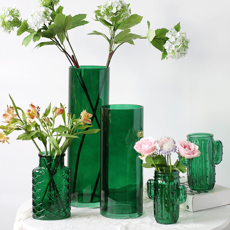 复古森系绿色玻璃花瓶美式祖母绿富贵竹插花高级感样板间客厅装饰