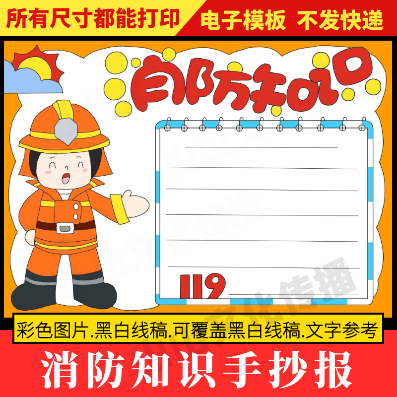 消防知识手抄报模板119预防火灾救火逃生安全教育主题小报绘画