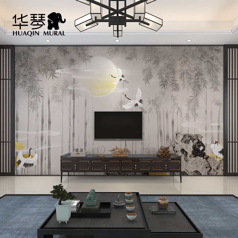 新中式竹林清风月亮飞鹤古风灰色客厅会所包厢墙纸壁纸墙布3D壁布