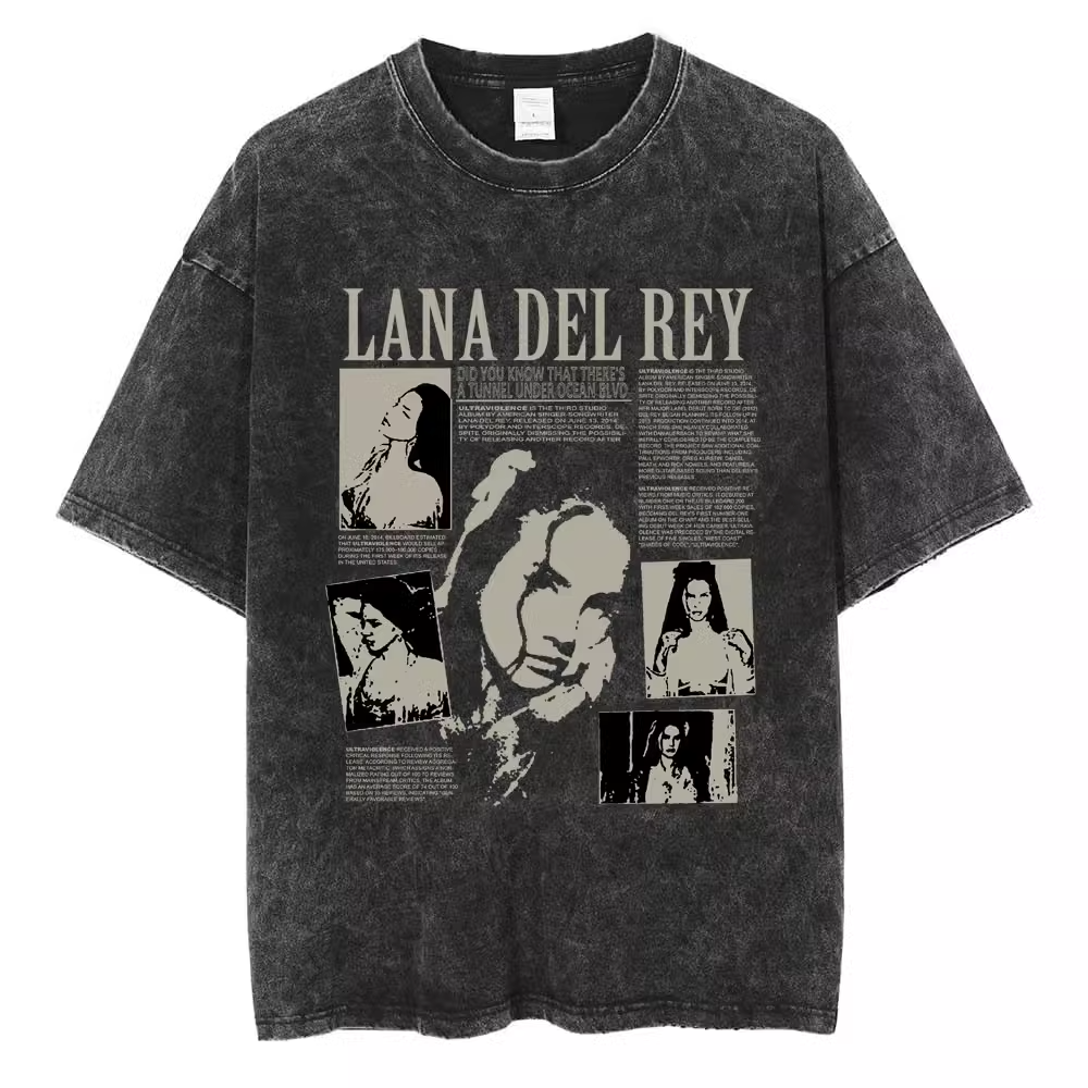 90年代歌手Lana Del Rey水洗T恤原宿男士复古做旧短袖大码纯棉潮t