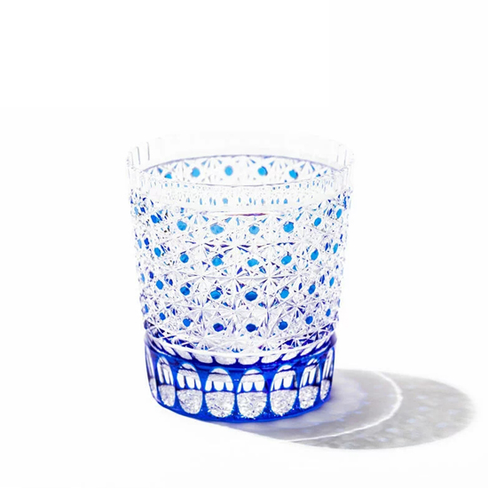 日本制水晶杯太武朗工房威士忌杯手工雕花笼目纹琉璃蓝酒杯250ml