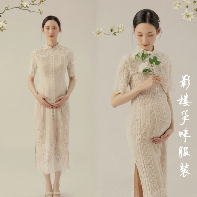 新款孕妇拍照连衣裙复古上海民国风蕾丝旗袍影楼孕妈写真主题服装