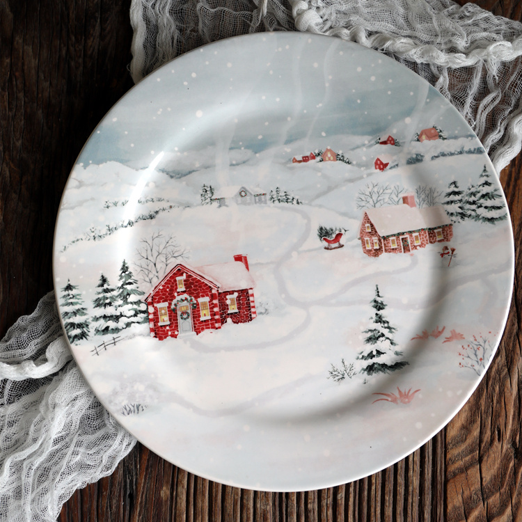 美式雪景乡村圣诞盘子外贸原单精美圣诞水果点心料理菜盘装饰摆盘