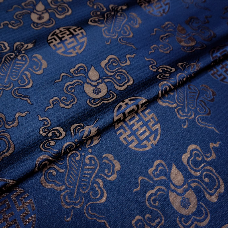 深藏蓝色麻纹丝质八仙福禄寿喜团织锦缎布料 丝绸缎子男唐装面料
