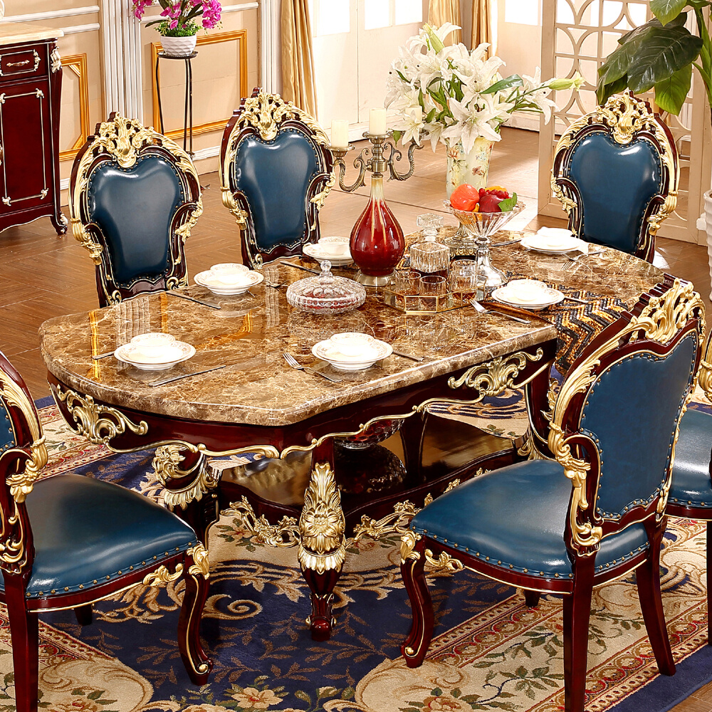 欧式餐桌全实木红檀色2.0米长餐桌雨林菲大理石面椭圆餐桌椅组合