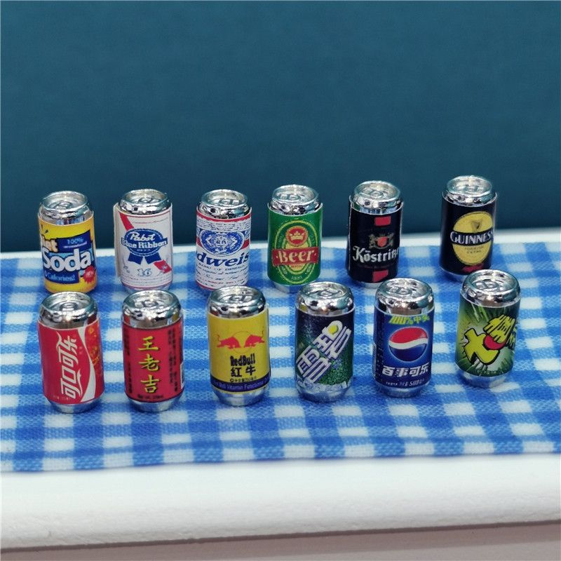 1:12微缩可乐雪碧七喜啤酒饮料易拉罐模型超市场景食玩娃娃屋摆件