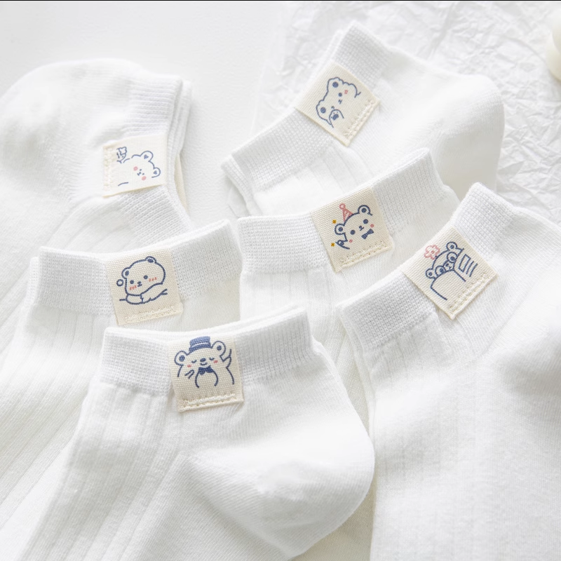 袜子女卡通白色短袜浅口布标小熊夏季薄款ins潮可爱日系船袜