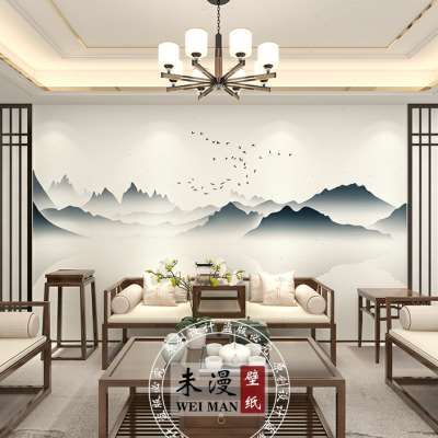 中式水墨定制黑白意境山水壁画茶室墙纸客厅电视背景壁纸装饰墙布