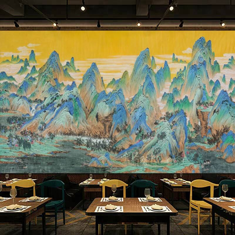 新中式电视背景墙千里江山图集成墙板酒店餐厅饭店茶室装饰护墙板