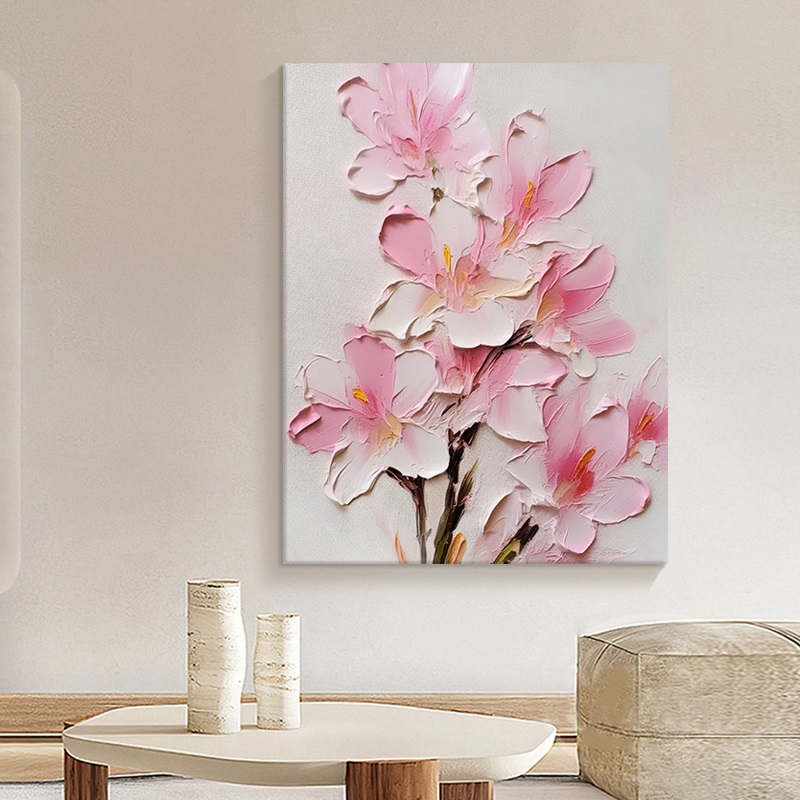 粉色桃花客厅装饰挂画奶油风纯手绘肌理油画抽象丙烯花卉卧室壁画