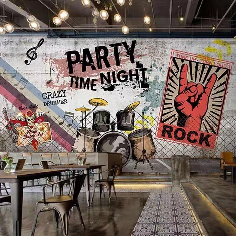 音乐舞台布景背景墙纸架子鼓壁纸摇滚教室餐厅酒吧装饰3D海报壁画