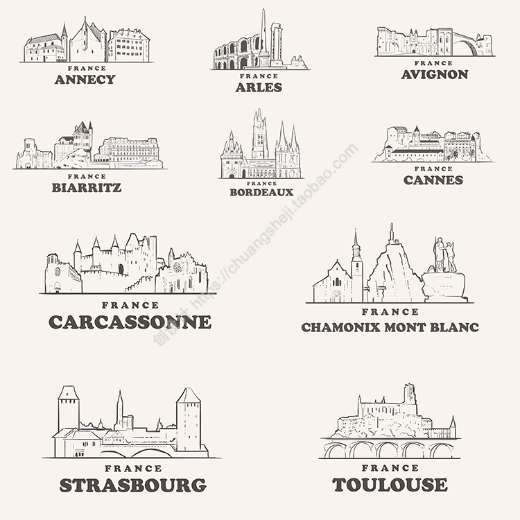 手绘法国城市建筑 标志性景点图卢兹阿尔勒 AI格式矢量设计素材
