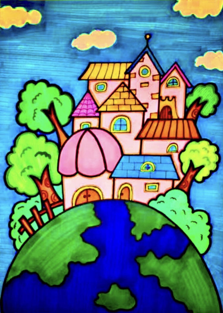 同一个地球绿色的家园儿童绘画素材儿童画主题画模板简笔画创意电