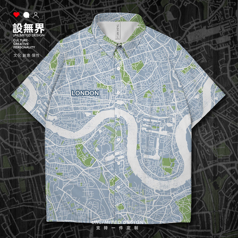 英国首都伦敦国外城市地图大码短袖衬衫男装女装地名衬衣设 无界