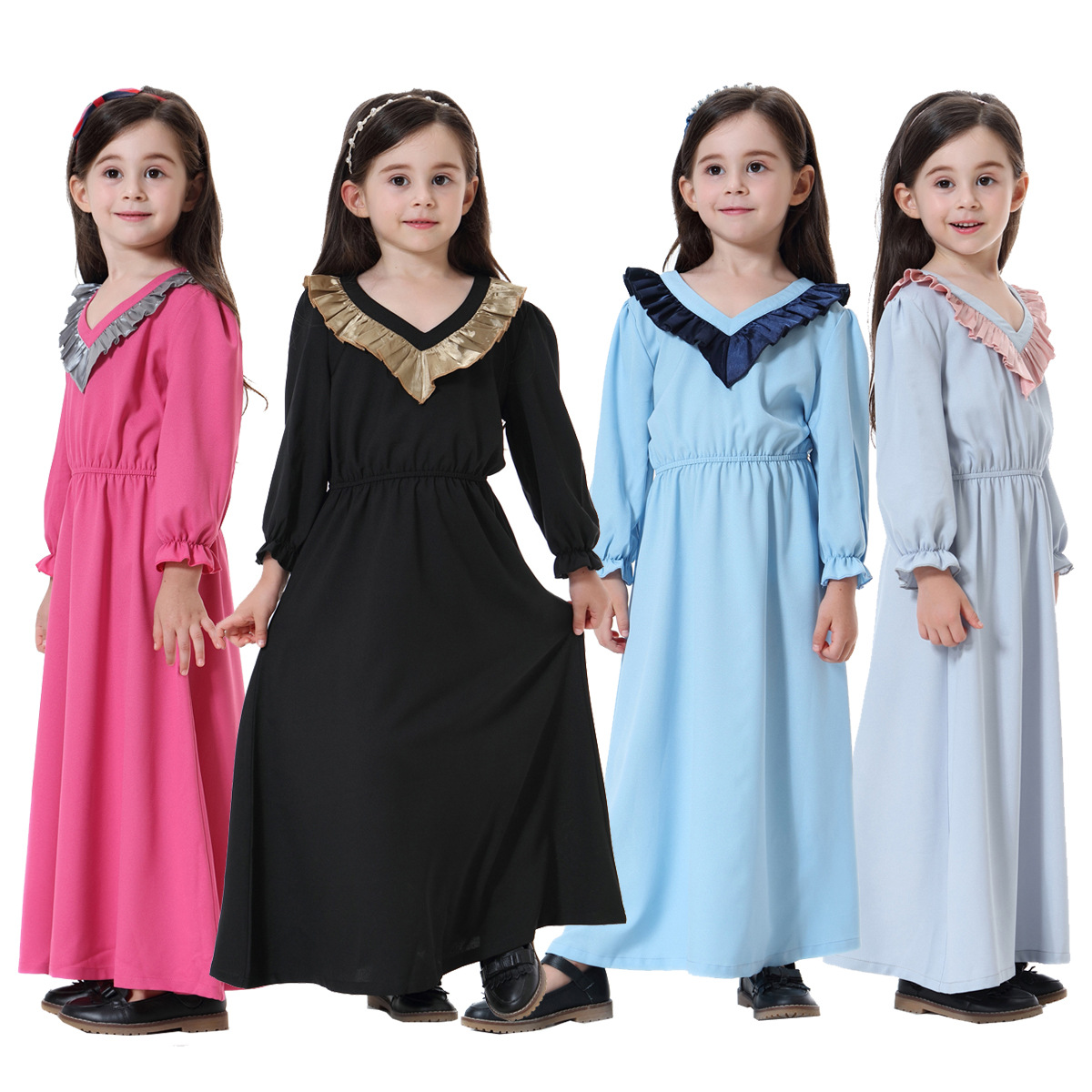 新款巴基斯坦印尼女童长袖V领长裙拼接回族小女孩宽松大童连衣裙