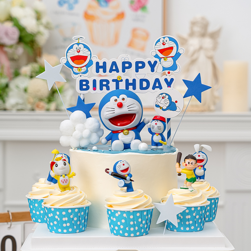 儿童生日蛋糕装饰卡通蓝色小猫蓝胖子摆件生日派对纸杯蛋糕插件