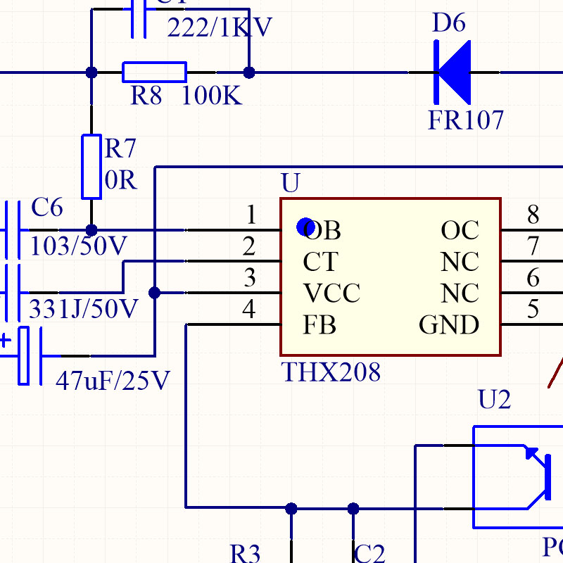 基本THX208 220V-12V开关电源交流转直流AC-DC方案电路图设计资料