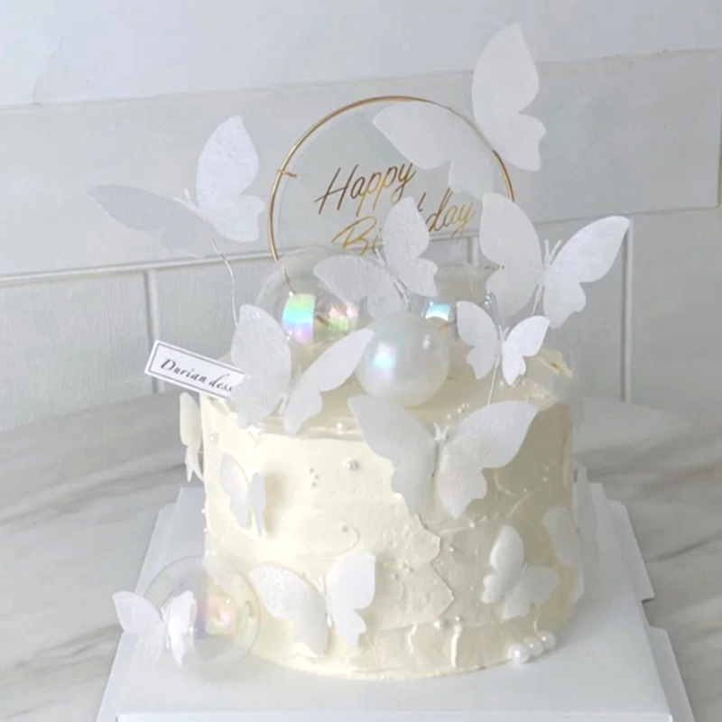 白色蝴蝶蛋糕装饰女神生日蛋糕烘焙甜品羽毛唯美插件透明球铁艺r